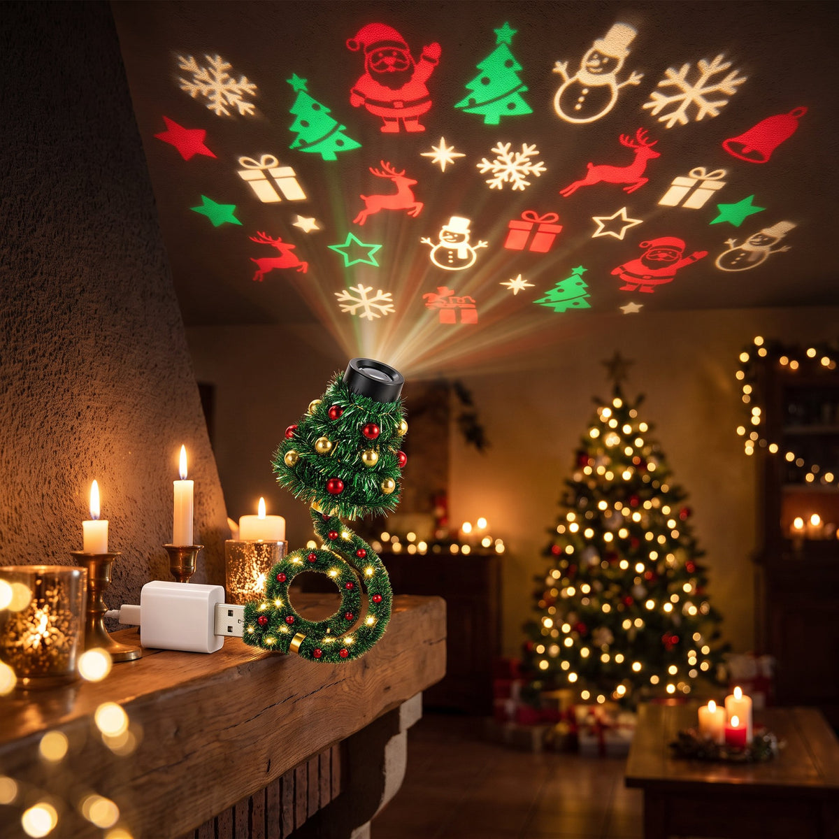 Proyector navideño Starly llenando el techo del salón de motivos de Navidad