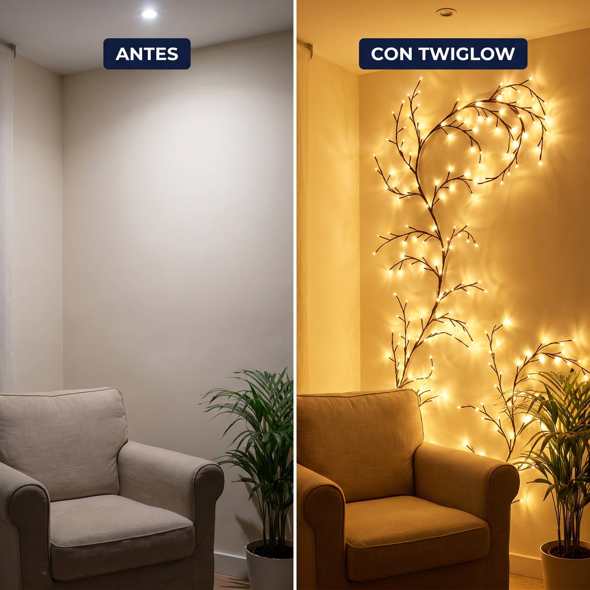 La misma pared antes y con la rama Twiglow